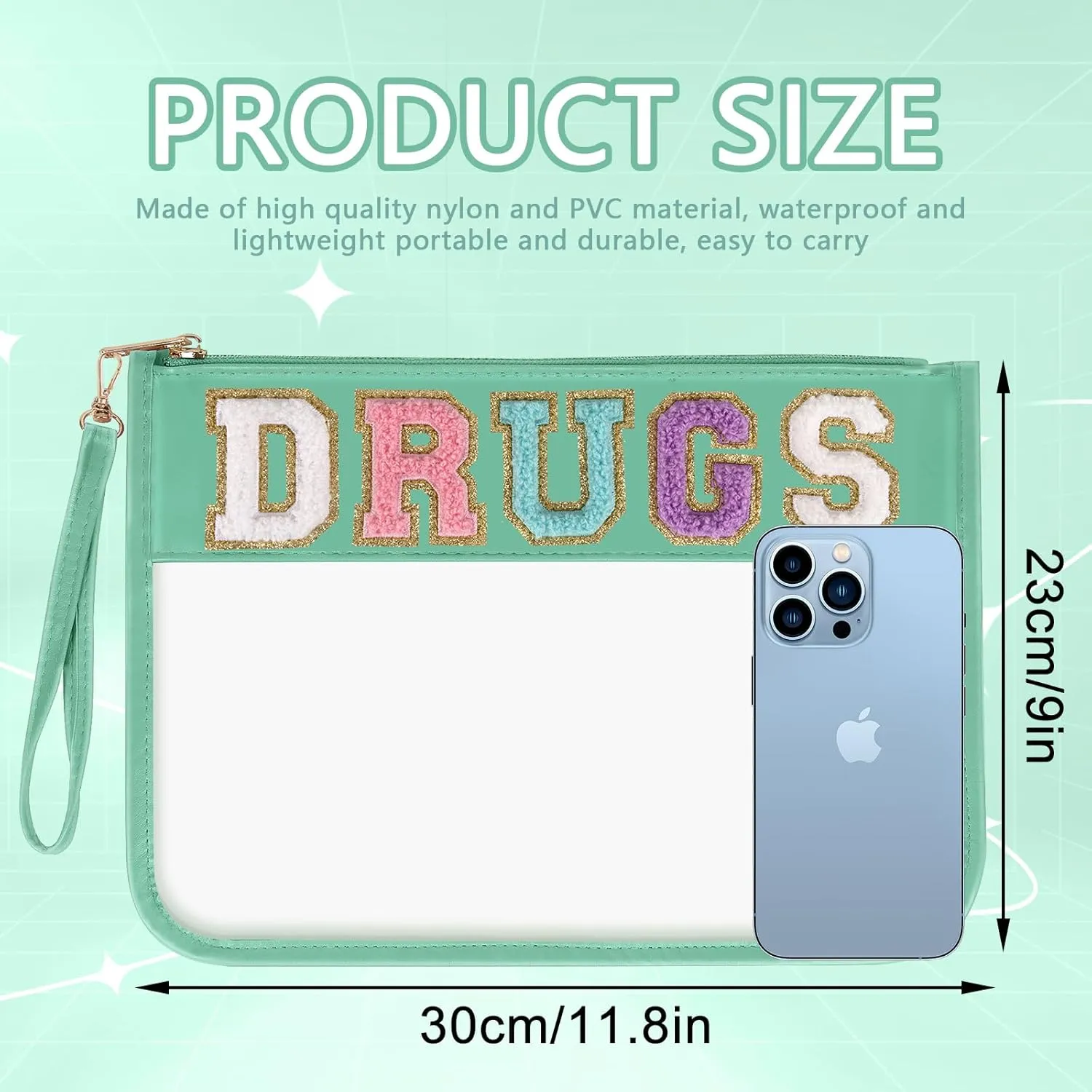 Iqimott Chenille Letter Patch Bag Clear MEDS Drugs Pouch, Preppy Portable Cosmetic Makeup Bag for Women Girls Travel, Waterproof Nylon Zipper Toiletry Medicine Storage Case Stadium Bag(Green, DRUGS)