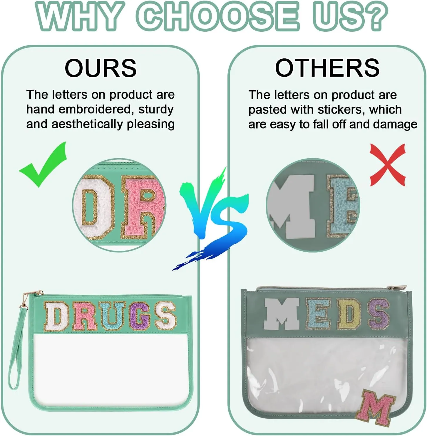 Iqimott Chenille Letter Patch Bag Clear MEDS Drugs Pouch, Preppy Portable Cosmetic Makeup Bag for Women Girls Travel, Waterproof Nylon Zipper Toiletry Medicine Storage Case Stadium Bag(Green, DRUGS)