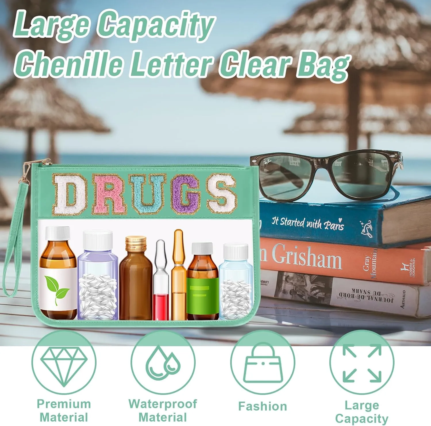 Iqimott Chenille Letter Patch Bag Clear MEDS Drugs Pouch, Preppy Portable Cosmetic Makeup Bag for Women Girls Travel, Waterproof Nylon Zipper Toiletry Medicine Storage Case Stadium Bag(Green, DRUGS)