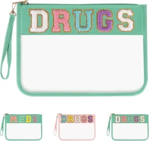 Iqimott Chenille Letter Patch Bag Clear MEDS Drugs Pouch, Preppy Portable Cosmetic Makeup Bag for Women Girls Travel, Waterproof Nylon Zipper Toiletry Medicine Storage Case Stadium Bag(Green, DRUGS)