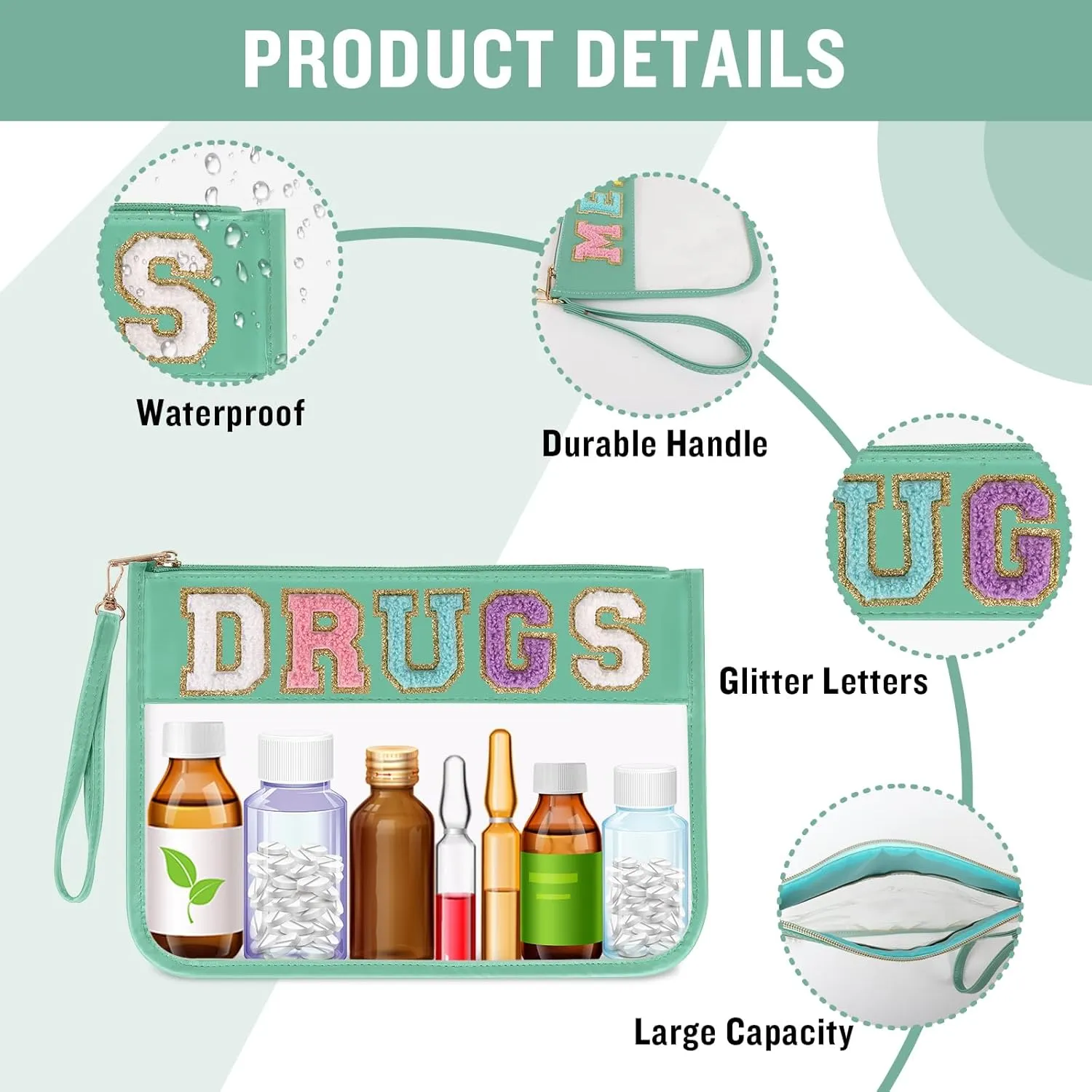 Iqimott Chenille Letter Patch Bag Clear MEDS Drugs Pouch, Preppy Portable Cosmetic Makeup Bag for Women Girls Travel, Waterproof Nylon Zipper Toiletry Medicine Storage Case Stadium Bag(Green, DRUGS)