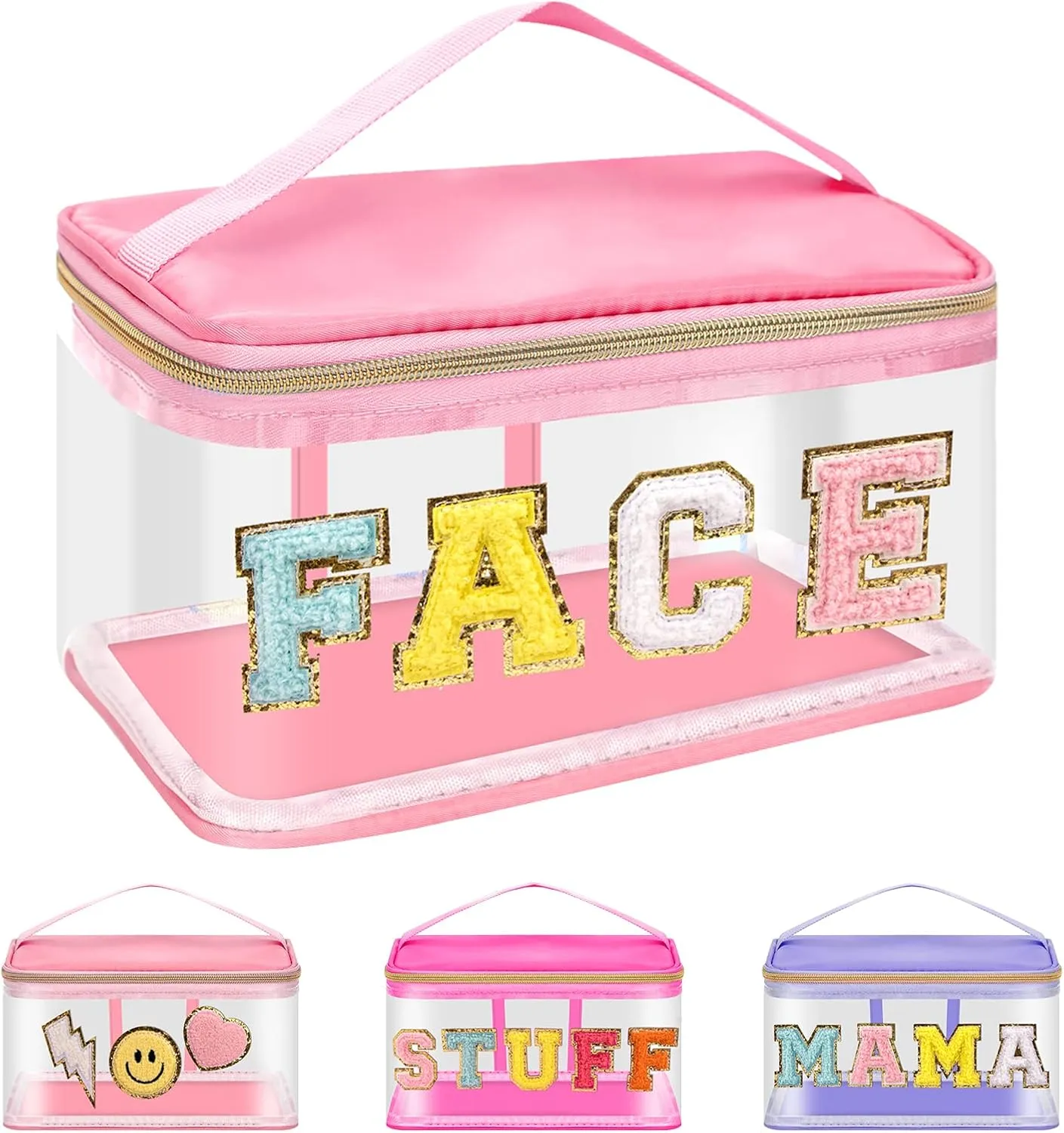 Iqimott Preppy Clear Makeup Cosmetic Bag for Women Travel, Nylon PVC Chenille Glitter Letter Toiletry Storage Tote Bag, Transparent Waterproof Organizer Zipper Pouch with Handle(Face, Pink)