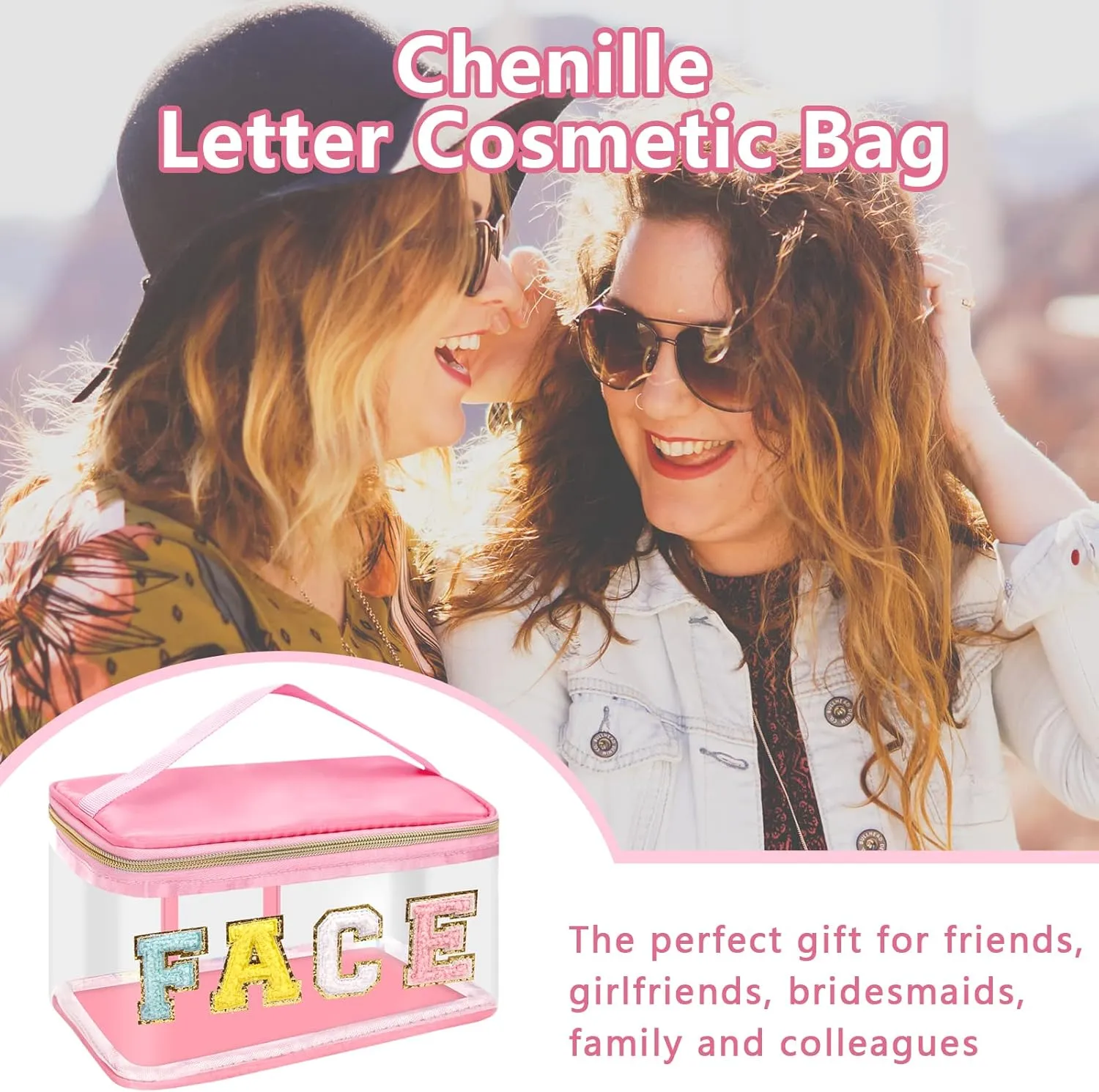 Iqimott Preppy Clear Makeup Cosmetic Bag for Women Travel, Nylon PVC Chenille Glitter Letter Toiletry Storage Tote Bag, Transparent Waterproof Organizer Zipper Pouch with Handle(Face, Pink)