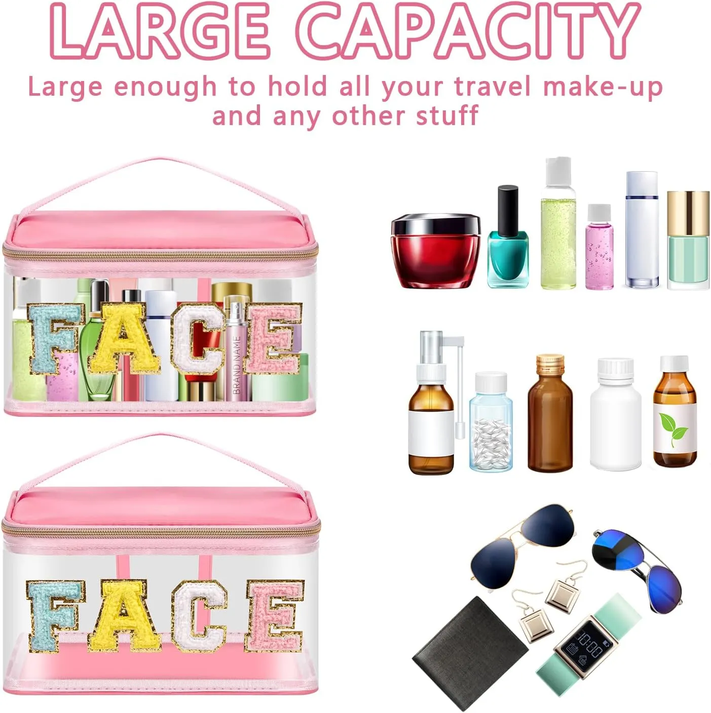Iqimott Preppy Clear Makeup Cosmetic Bag for Women Travel, Nylon PVC Chenille Glitter Letter Toiletry Storage Tote Bag, Transparent Waterproof Organizer Zipper Pouch with Handle(Face, Pink)
