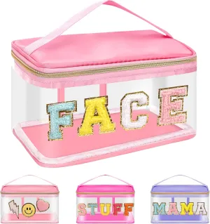 Iqimott Preppy Clear Makeup Cosmetic Bag for Women Travel, Nylon PVC Chenille Glitter Letter Toiletry Storage Tote Bag, Transparent Waterproof Organizer Zipper Pouch with Handle(Face, Pink)