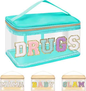 Iqimott Preppy Clear Makeup Cosmetic Bag for Women Travel, Nylon PVC Chenille Glitter Letter Toiletry Storage Tote Bag, Transparent Waterproof Organizer Zipper Pouch with Handle(Green)