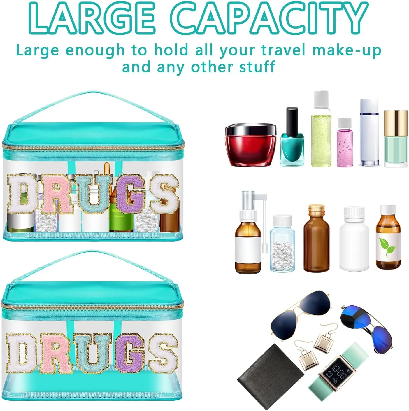Iqimott Preppy Clear Makeup Cosmetic Bag for Women Travel, Nylon PVC Chenille Glitter Letter Toiletry Storage Tote Bag, Transparent Waterproof Organizer Zipper Pouch with Handle(Green)