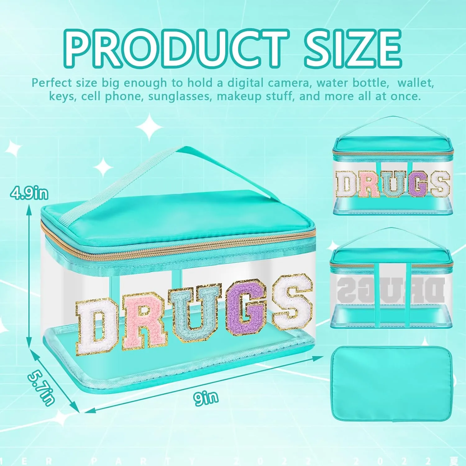 Iqimott Preppy Clear Makeup Cosmetic Bag for Women Travel, Nylon PVC Chenille Glitter Letter Toiletry Storage Tote Bag, Transparent Waterproof Organizer Zipper Pouch with Handle(Green)