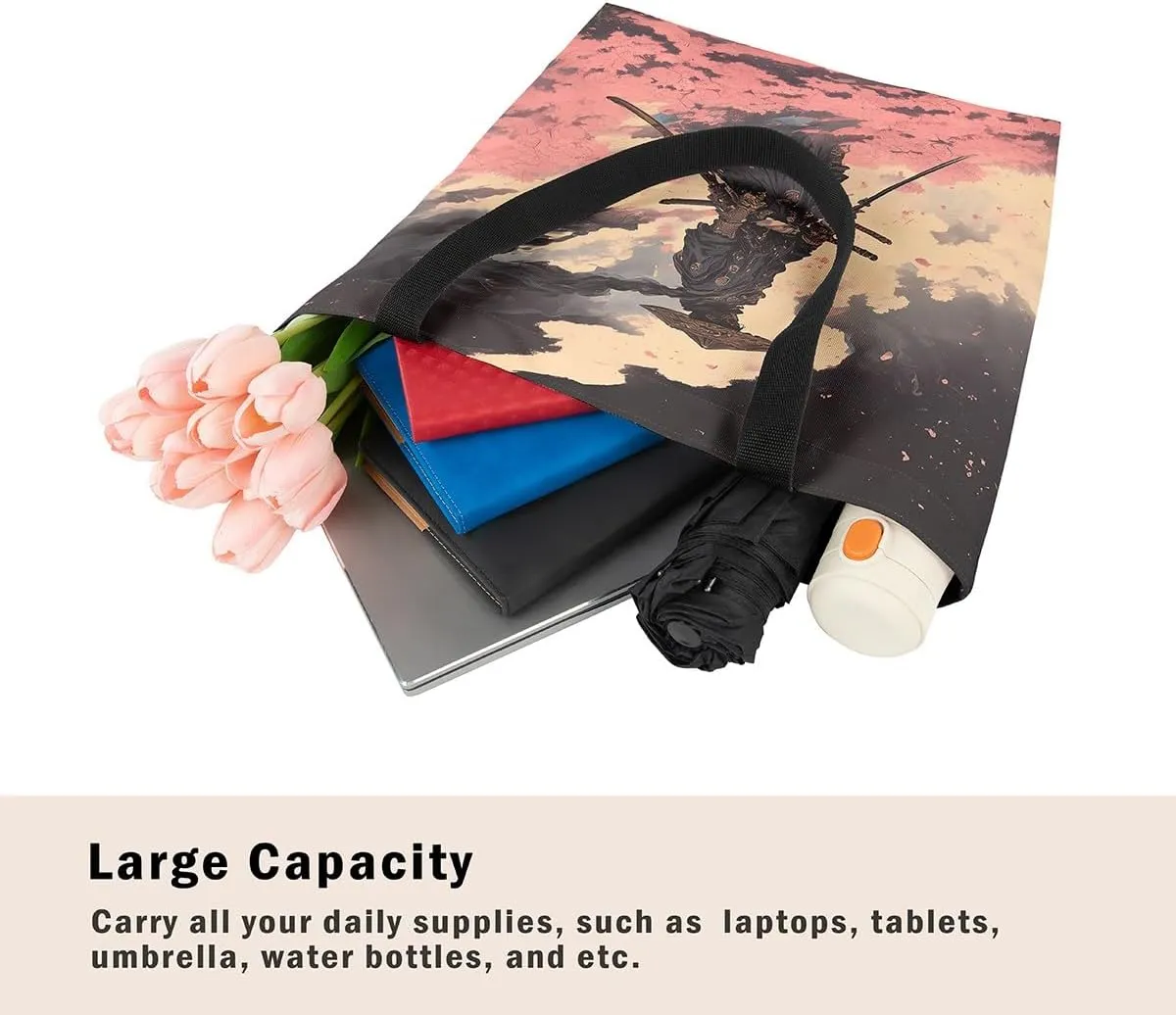 Japanese Shopping Handbag Ocean Waves Nautical Canvas Tote Bag Cherry Blossom Mount Fuji Reusable Grocery Bag
