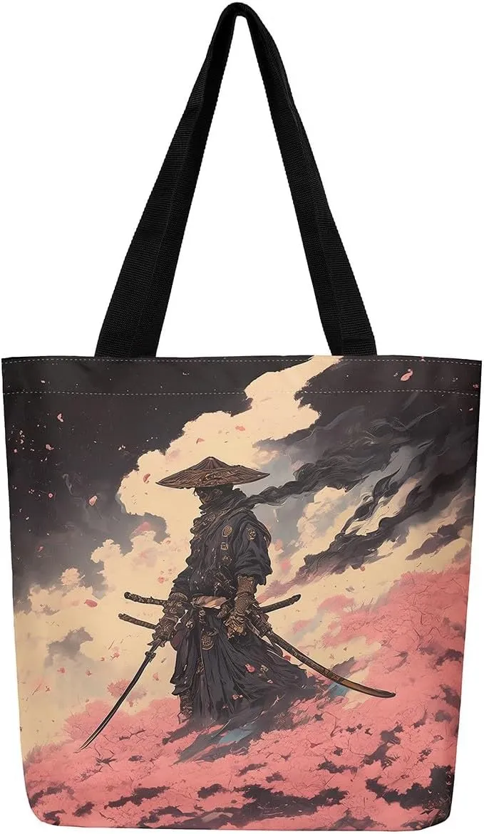 Japanese Shopping Handbag Ocean Waves Nautical Canvas Tote Bag Cherry Blossom Mount Fuji Reusable Grocery Bag