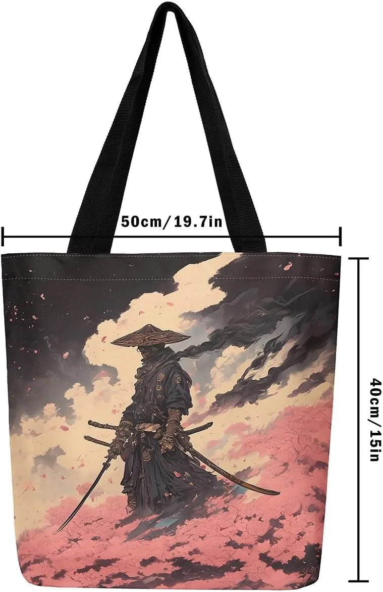 Japanese Shopping Handbag Ocean Waves Nautical Canvas Tote Bag Cherry Blossom Mount Fuji Reusable Grocery Bag