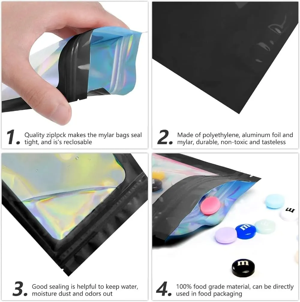 JFS 100ps Personalized Custom Thicken Ziplock Bags Holographic Laser Color Plastic Pouch for DIY Jewelry Retail Storage Pouch Zip Lock Bag NO Hole (White,7x10)