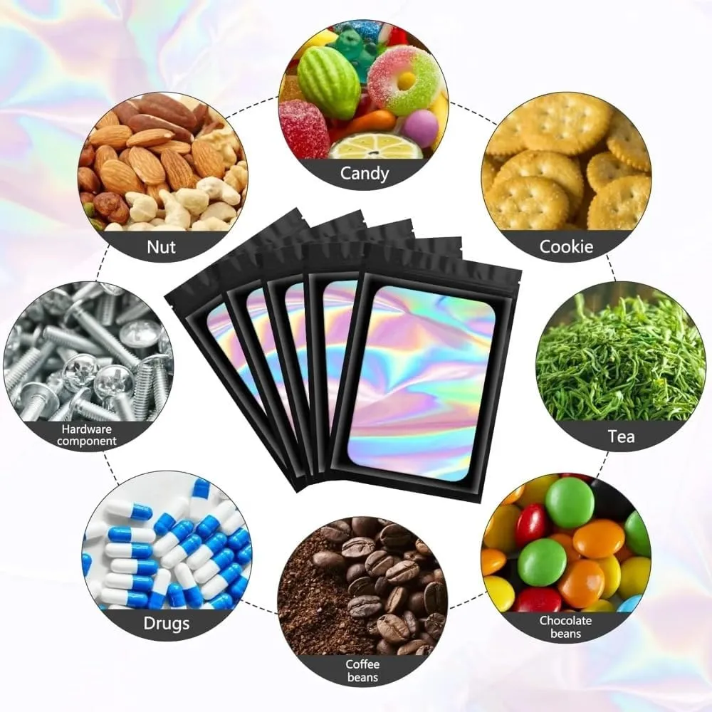 JFS 100ps Personalized Custom Thicken Ziplock Bags Holographic Laser Color Plastic Pouch for DIY Jewelry Retail Storage Pouch Zip Lock Bag NO Hole (White,7x10)