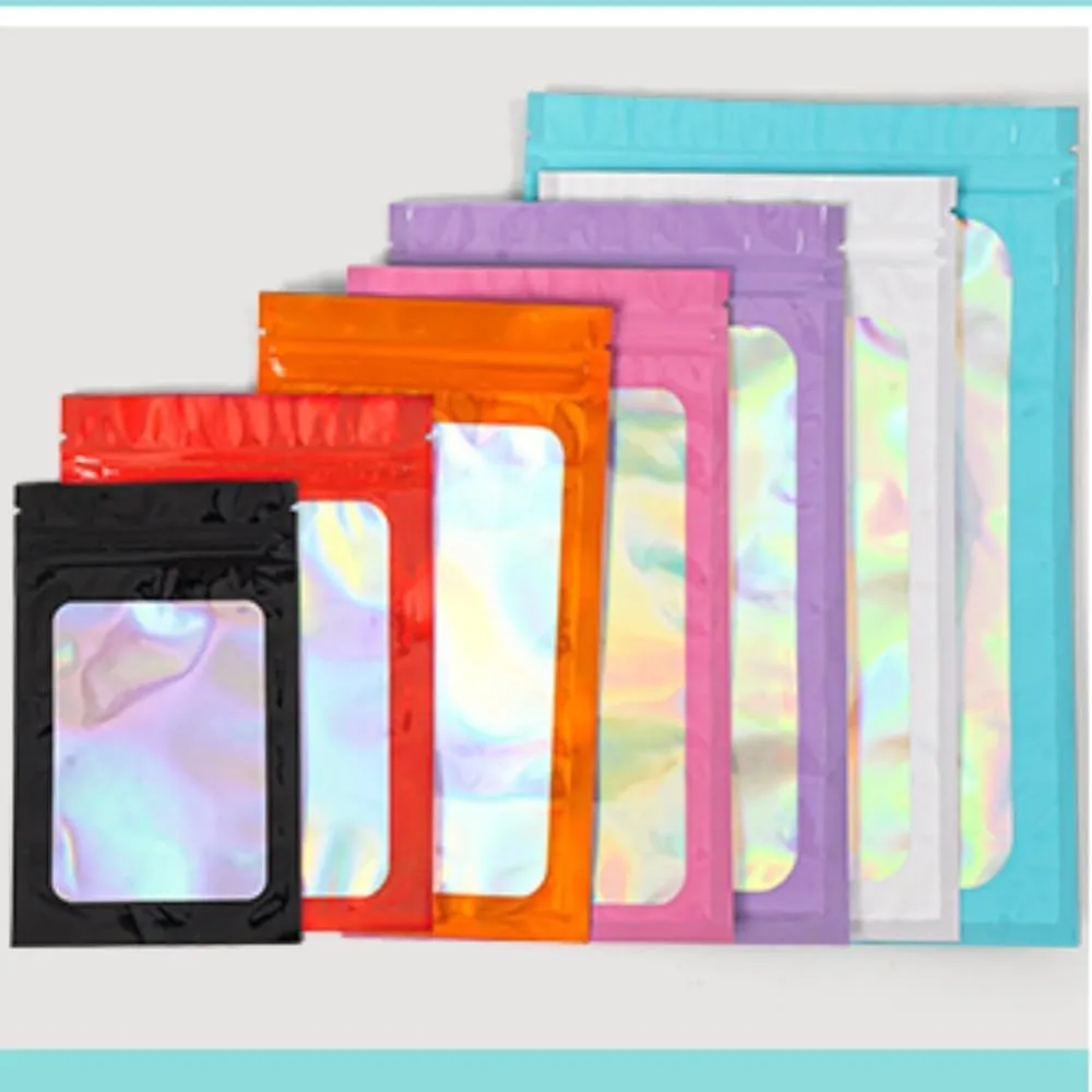 JFS 100ps Personalized Custom Thicken Ziplock Bags Holographic Laser Color Plastic Pouch for DIY Jewelry Retail Storage Pouch Zip Lock Bag NO Hole (White,7x10)