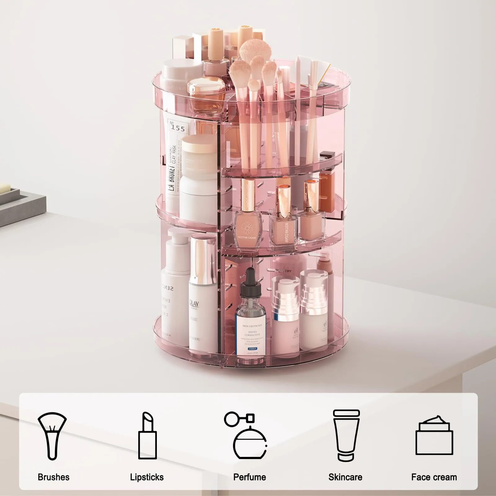 Jiavarry 360 Rotating Makeup Organizer with Lipstick Slots, 8 Adjustable Layers Spinning Skincare Organizers, Large Capacity Desk Storage, Carousel Cosmetic Shelf for Vanity Bathroom Countertop
