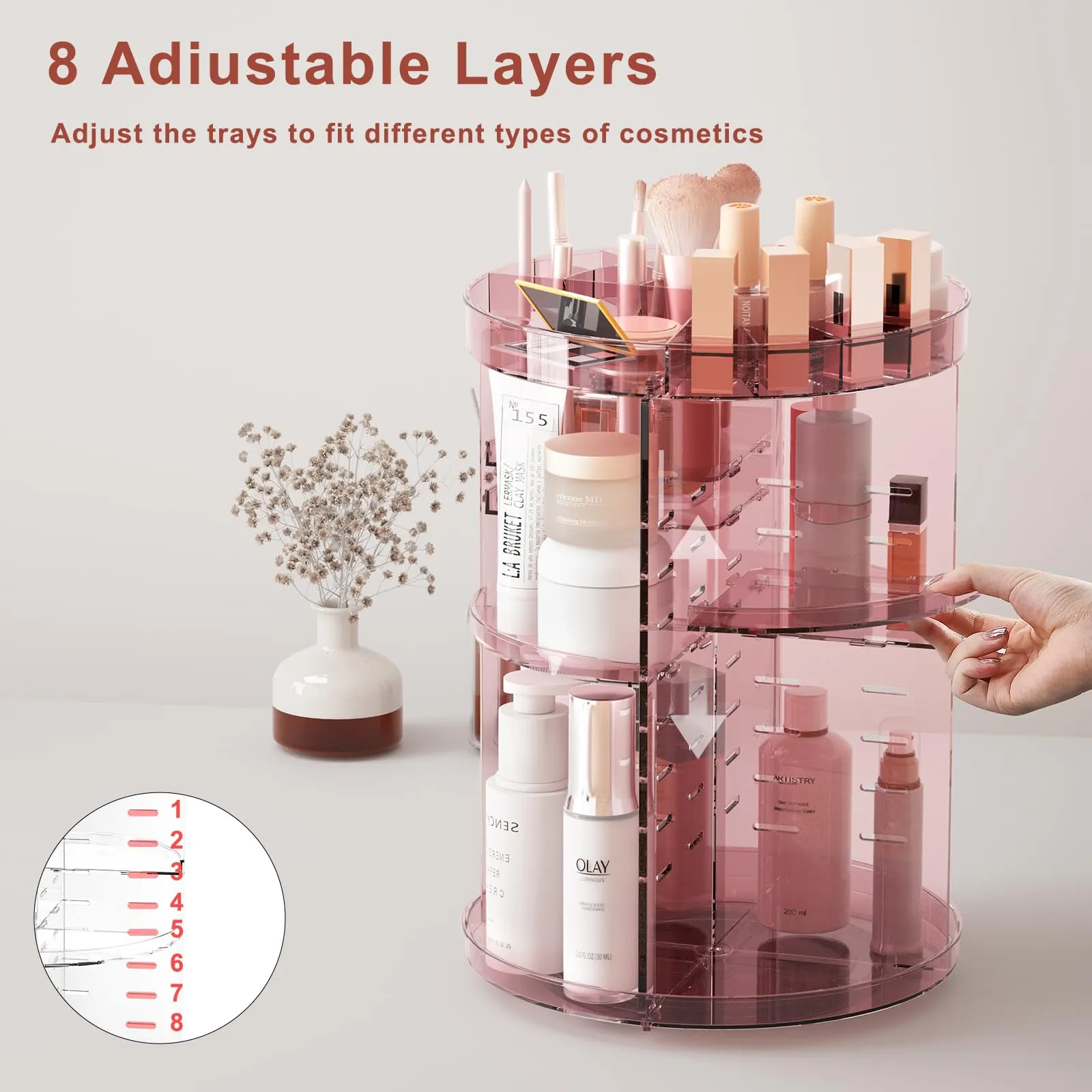 Jiavarry 360 Rotating Makeup Organizer with Lipstick Slots, 8 Adjustable Layers Spinning Skincare Organizers, Large Capacity Desk Storage, Carousel Cosmetic Shelf for Vanity Bathroom Countertop