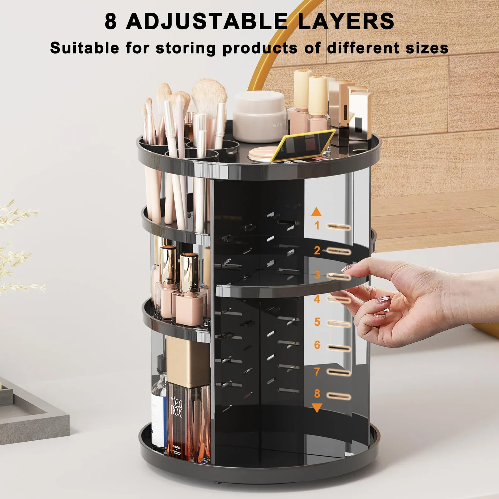 Jiavarry Rotating Makeup Organizer for Vanity, 360 Spinning Skincare Organizers with Adjustable Trays, Make Up Desk Storage Carousel Rack, Cosmetic Display Cases for Dresser Bathroom Countertop