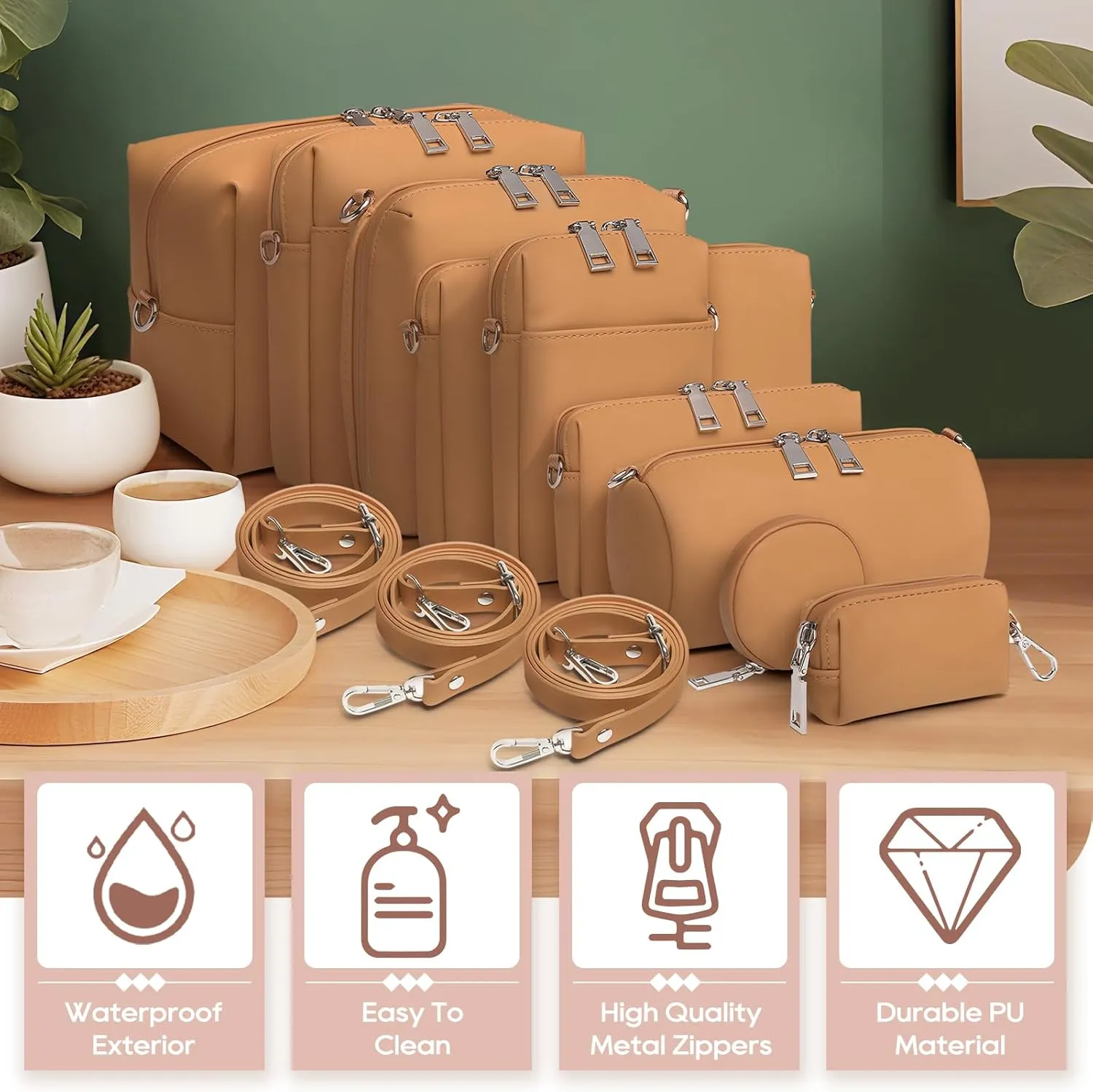 Joyway Travel Makeup Bag,Large Capacity Cosmetic Bags for Women,Waterproof Portable Pouch Open Flat Toiletry Bag Make up Organizer with Divider and Handle can be fitted with suspenders(Brown)