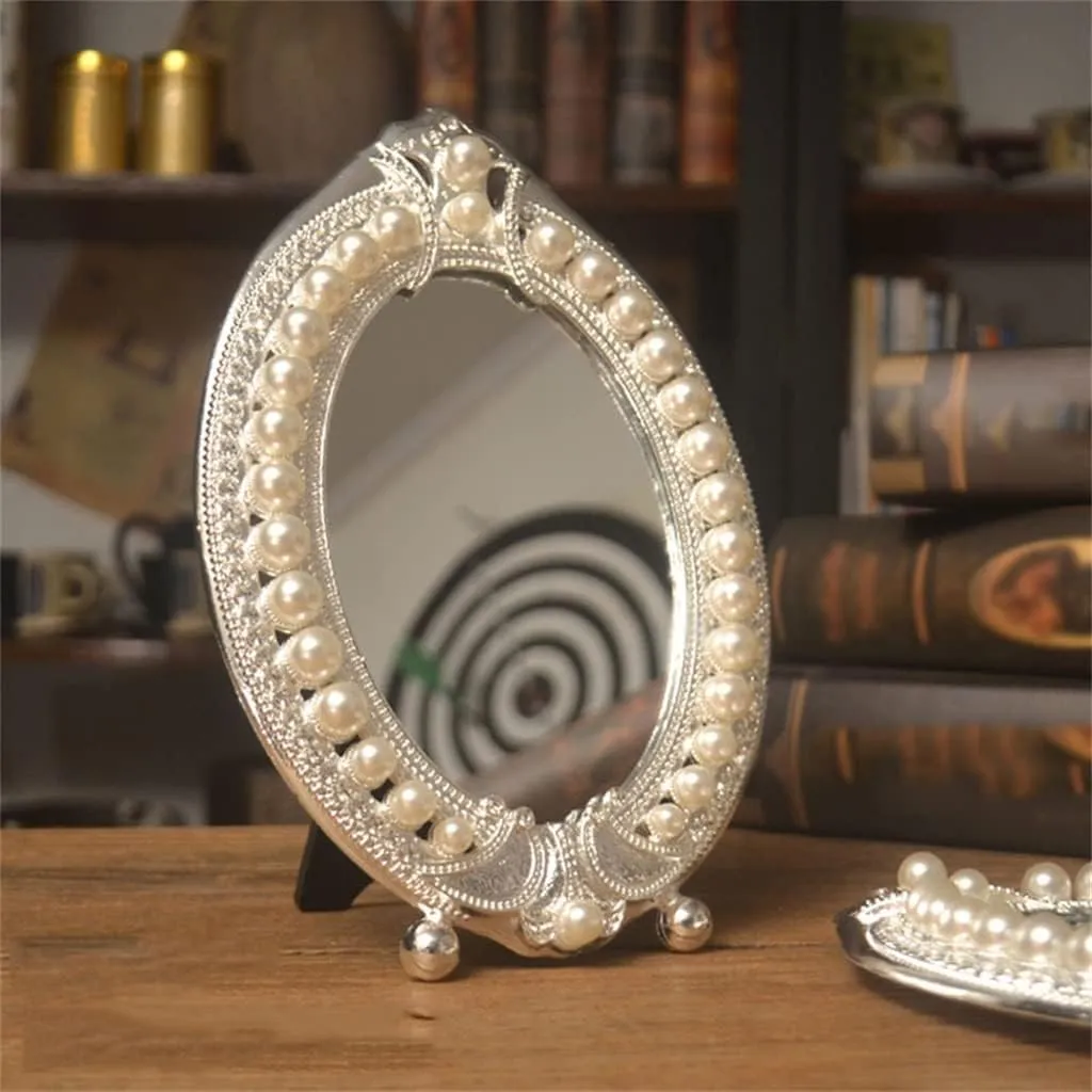 JSEIAJB Pearl Silver Mirrors Desktop Dressing Mirrors Makeup Mirrors European Table Mirrors Wedding Table Cabinet Mirrors