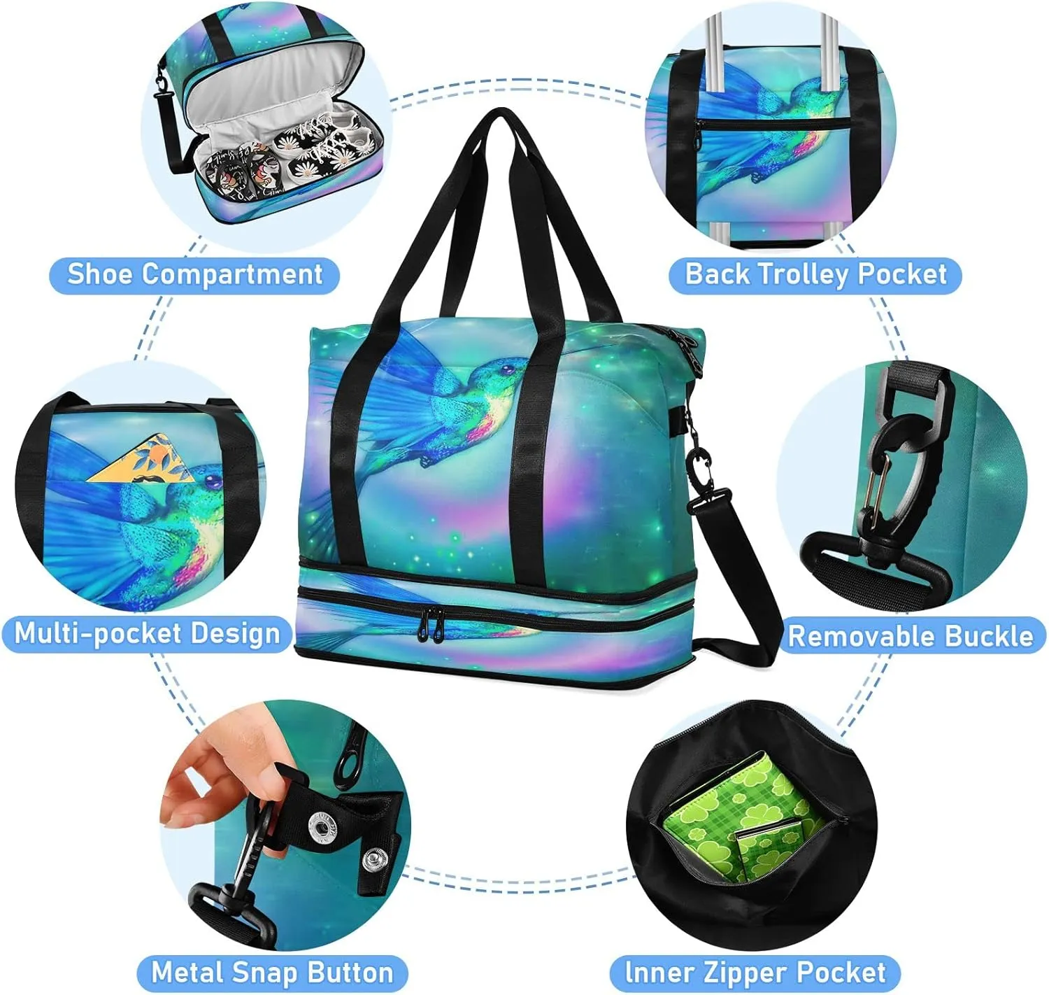 JSTEL Sport Tote Bag for Women,Gym Bag Pattern Duffle Bag with Shoe Compartment and Wet Pocket,Ladies Beach Bag Overnight Bag