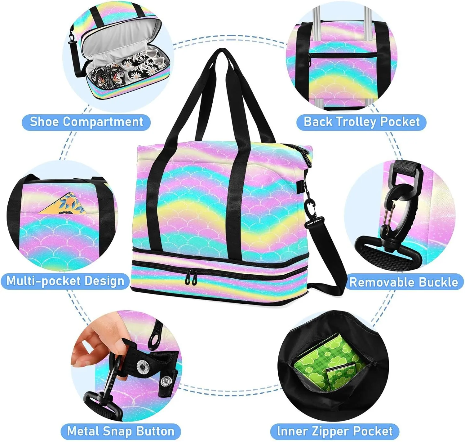 JSTEL Sport Tote Bag for Women,Gym Bag Pattern Duffle Bag with Shoe Compartment and Wet Pocket,Ladies Beach Bag Overnight Bag