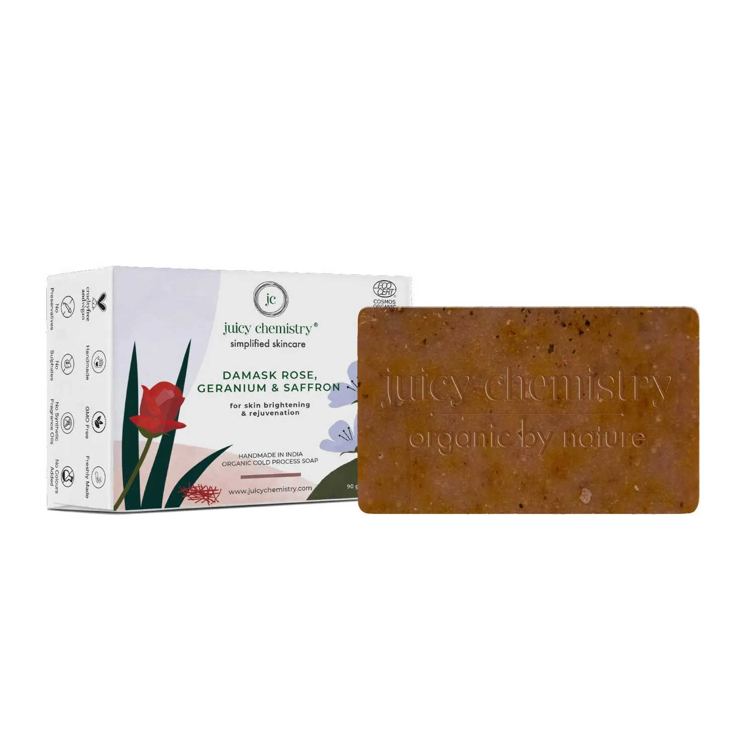 Juicy Chemistry - Certified Organic 100% Natural Soap Bar for Women with Skin Brightening & Rejuvenation w/Damask Rose, Geranium & Saffron (90g)