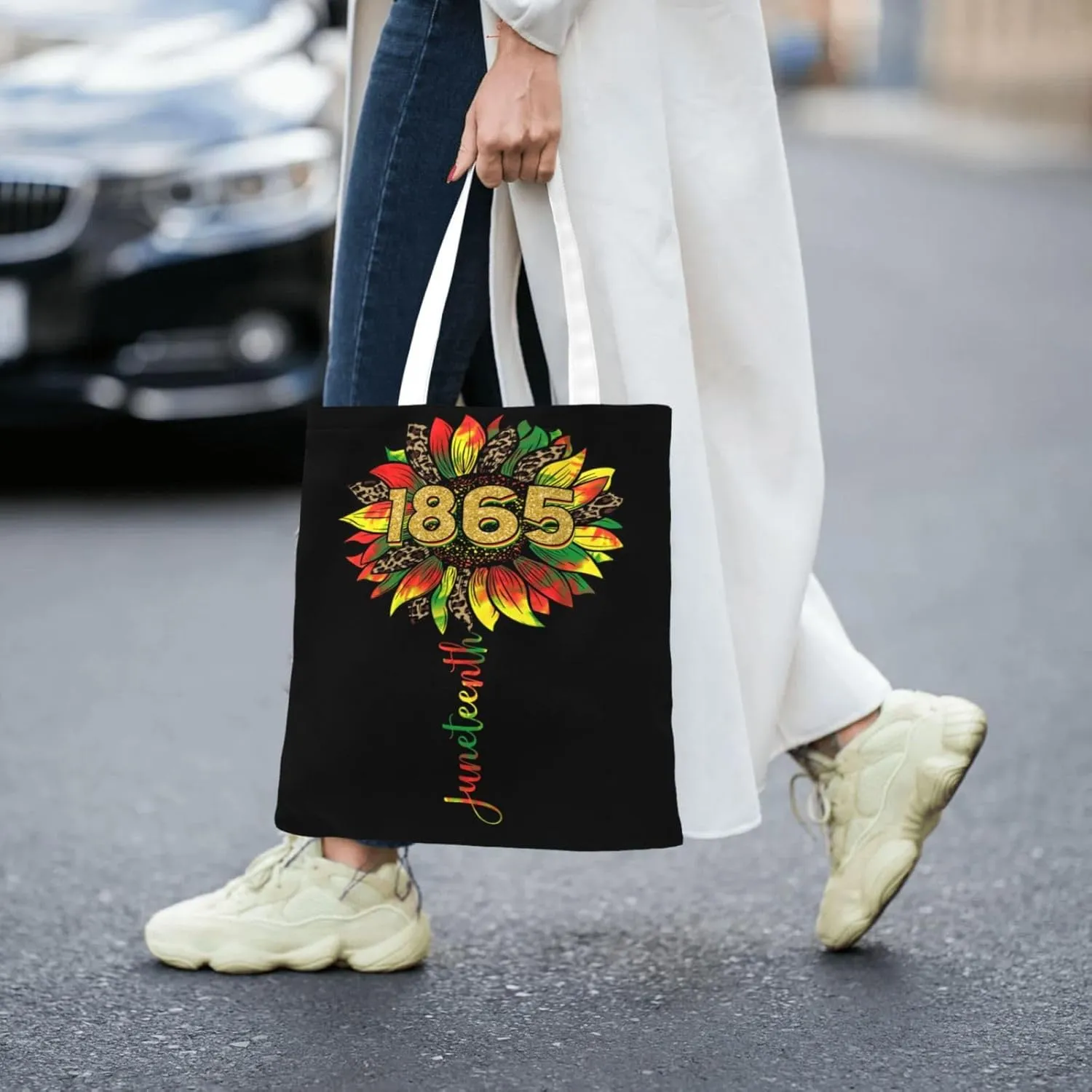 Juneteenth Black Month Lip Kiss Sunflower Tote Bag Reusable Shoulder Tote Bag For Women Lady Vacation, Shopping, Work
