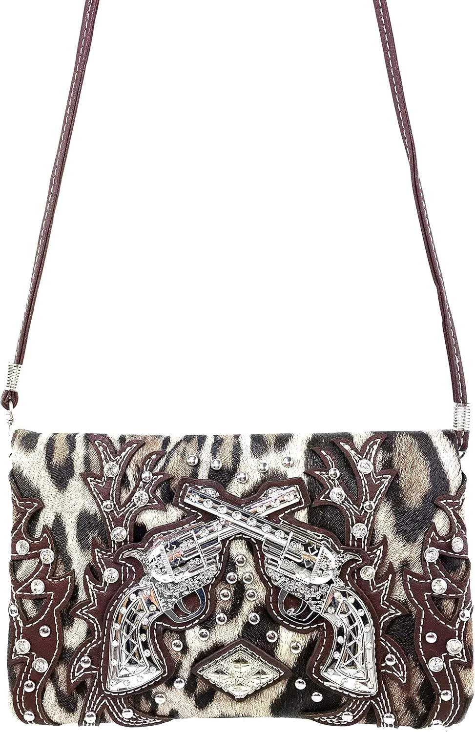 Justin West Double Pistol Gun Leopard Cross Body Messenger Purse Wristlet Clutch Handbag
