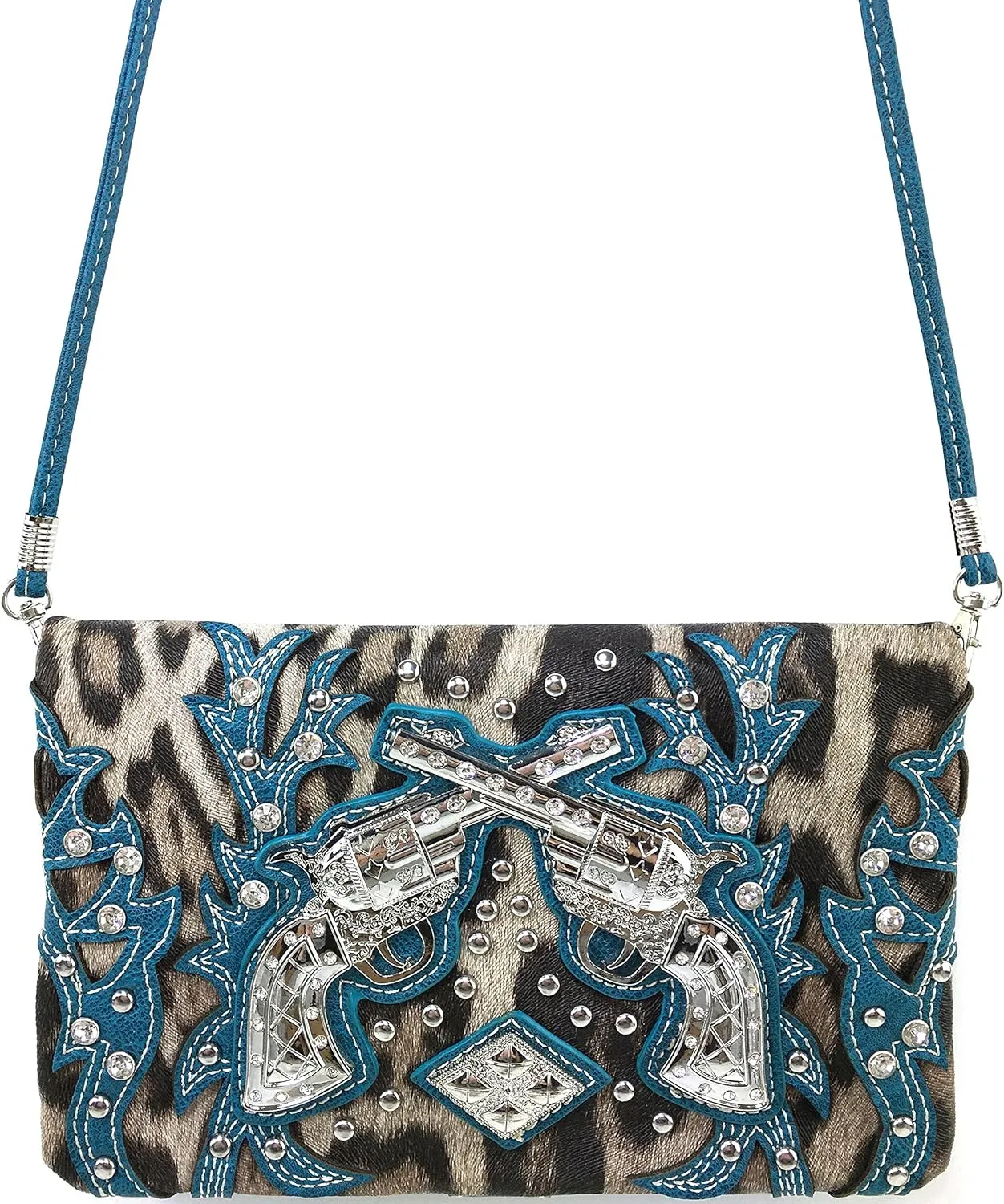 Justin West Double Pistol Gun Leopard Cross Body Messenger Purse Wristlet Clutch Handbag