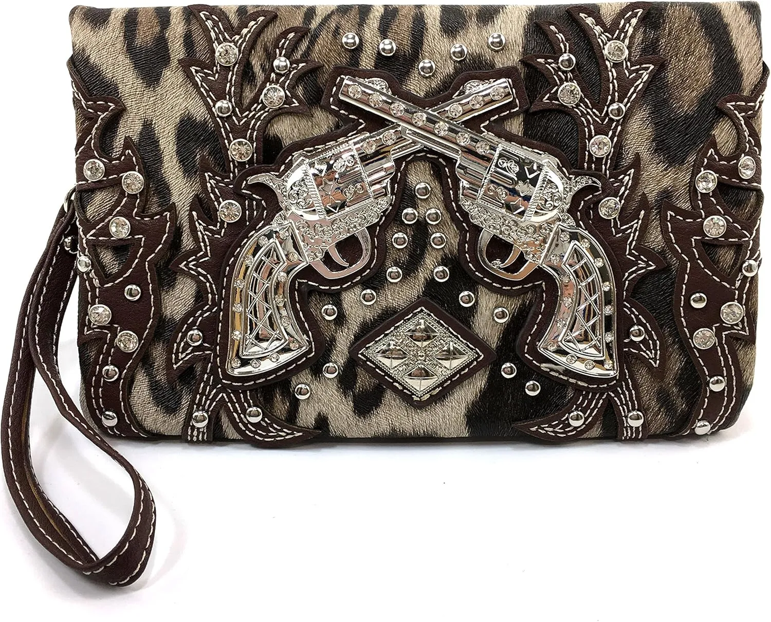 Justin West Double Pistol Gun Leopard Cross Body Messenger Purse Wristlet Clutch Handbag
