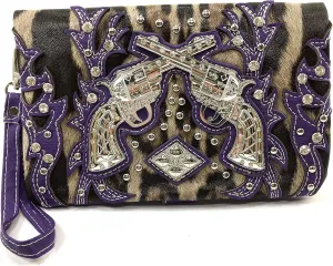 Justin West Double Pistol Gun Leopard Cross Body Messenger Purse Wristlet Clutch Handbag