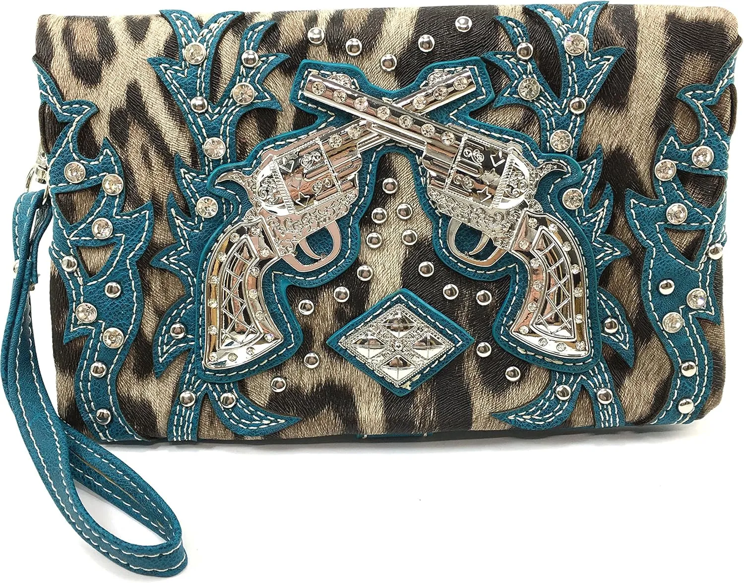 Justin West Double Pistol Gun Leopard Cross Body Messenger Purse Wristlet Clutch Handbag
