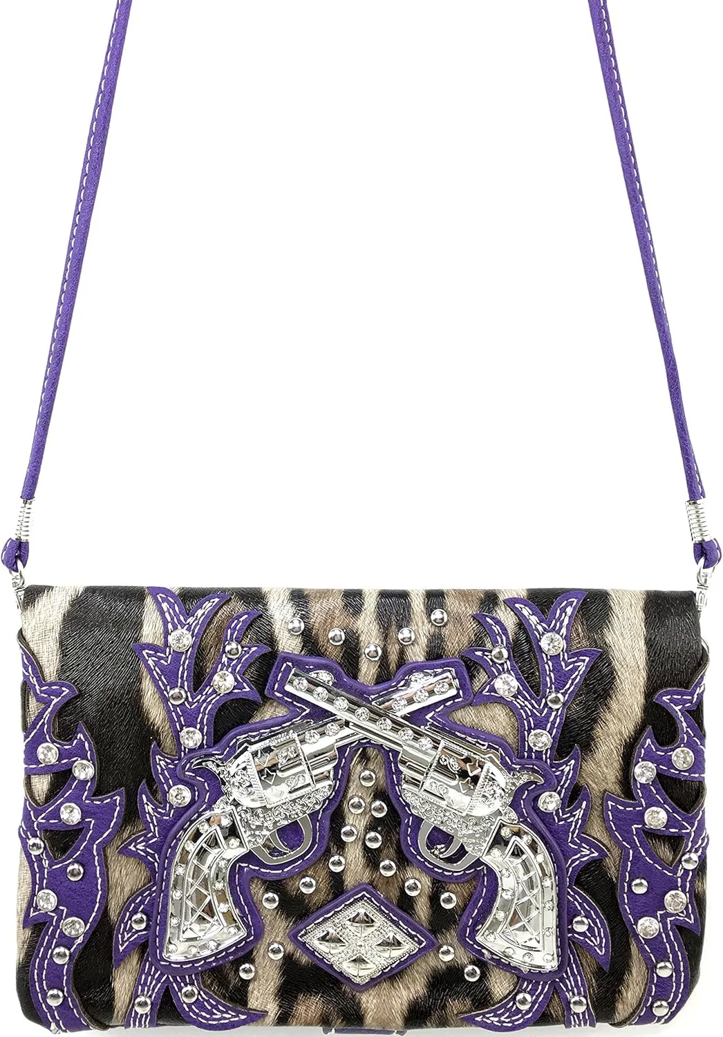 Justin West Double Pistol Gun Leopard Cross Body Messenger Purse Wristlet Clutch Handbag
