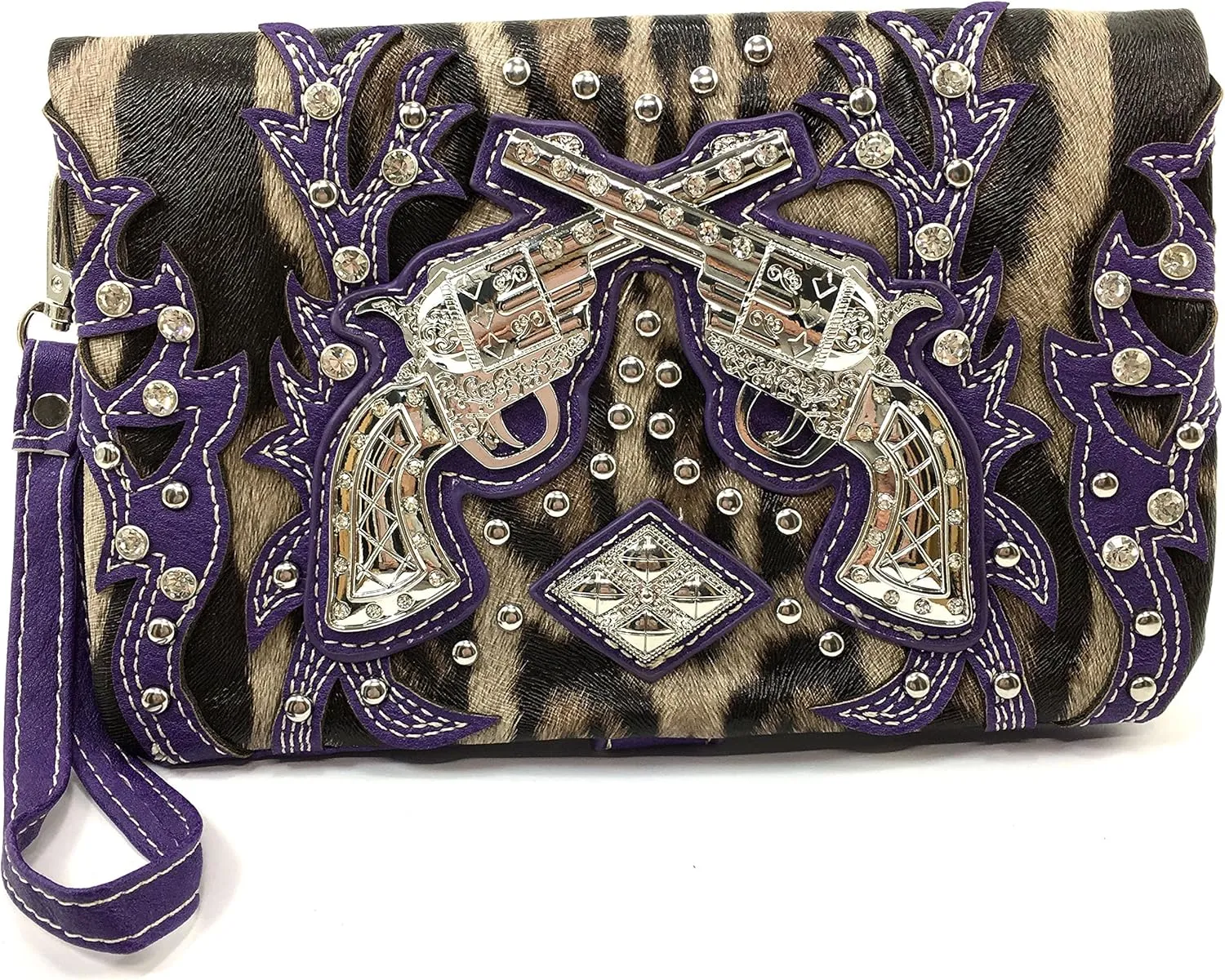 Justin West Double Pistol Gun Leopard Cross Body Messenger Purse Wristlet Clutch Handbag