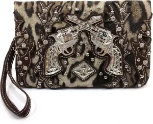 Justin West Double Pistol Gun Leopard Cross Body Messenger Purse Wristlet Clutch Handbag