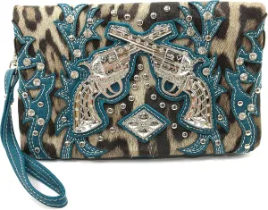 Justin West Double Pistol Gun Leopard Cross Body Messenger Purse Wristlet Clutch Handbag