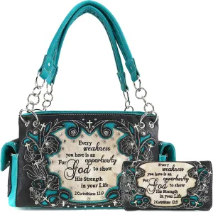 Justin West Embroidery Floral 2 Corinthians 12:9 Bible Verse Rhinestone Tote Shoulder Concealed Carry Handbag Messenger Purse