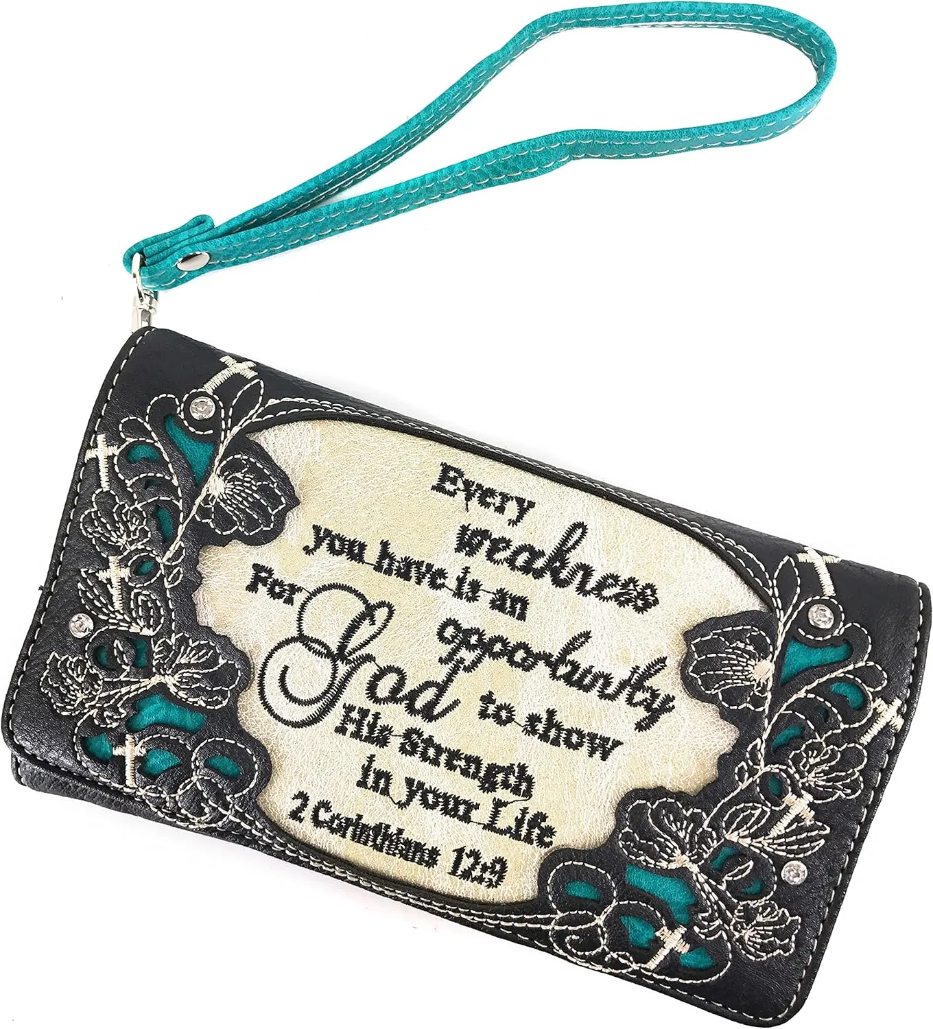 Justin West Embroidery Floral 2 Corinthians 12:9 Bible Verse Rhinestone Tote Shoulder Concealed Carry Handbag Messenger Purse