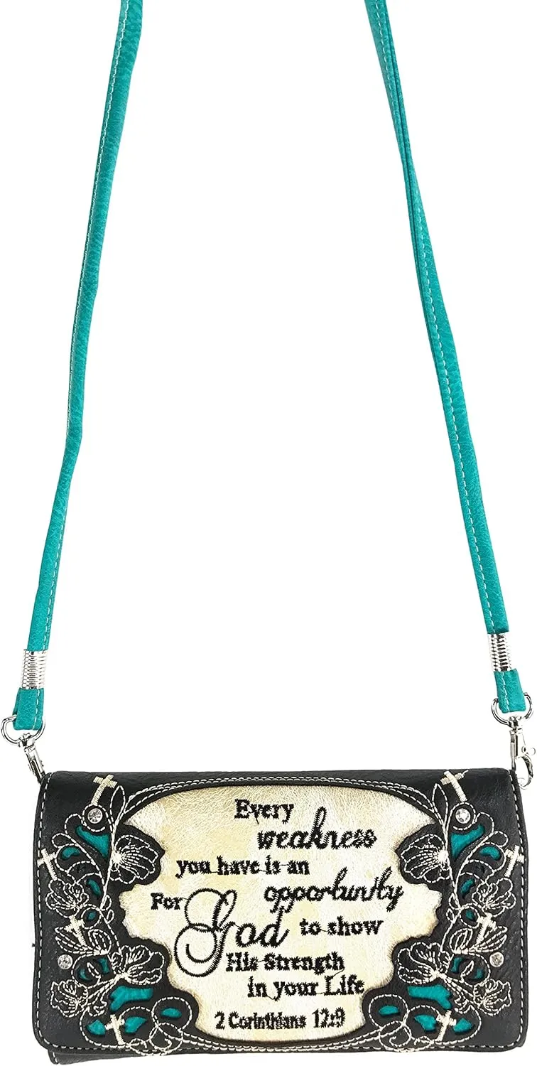 Justin West Embroidery Floral 2 Corinthians 12:9 Bible Verse Rhinestone Tote Shoulder Concealed Carry Handbag Messenger Purse