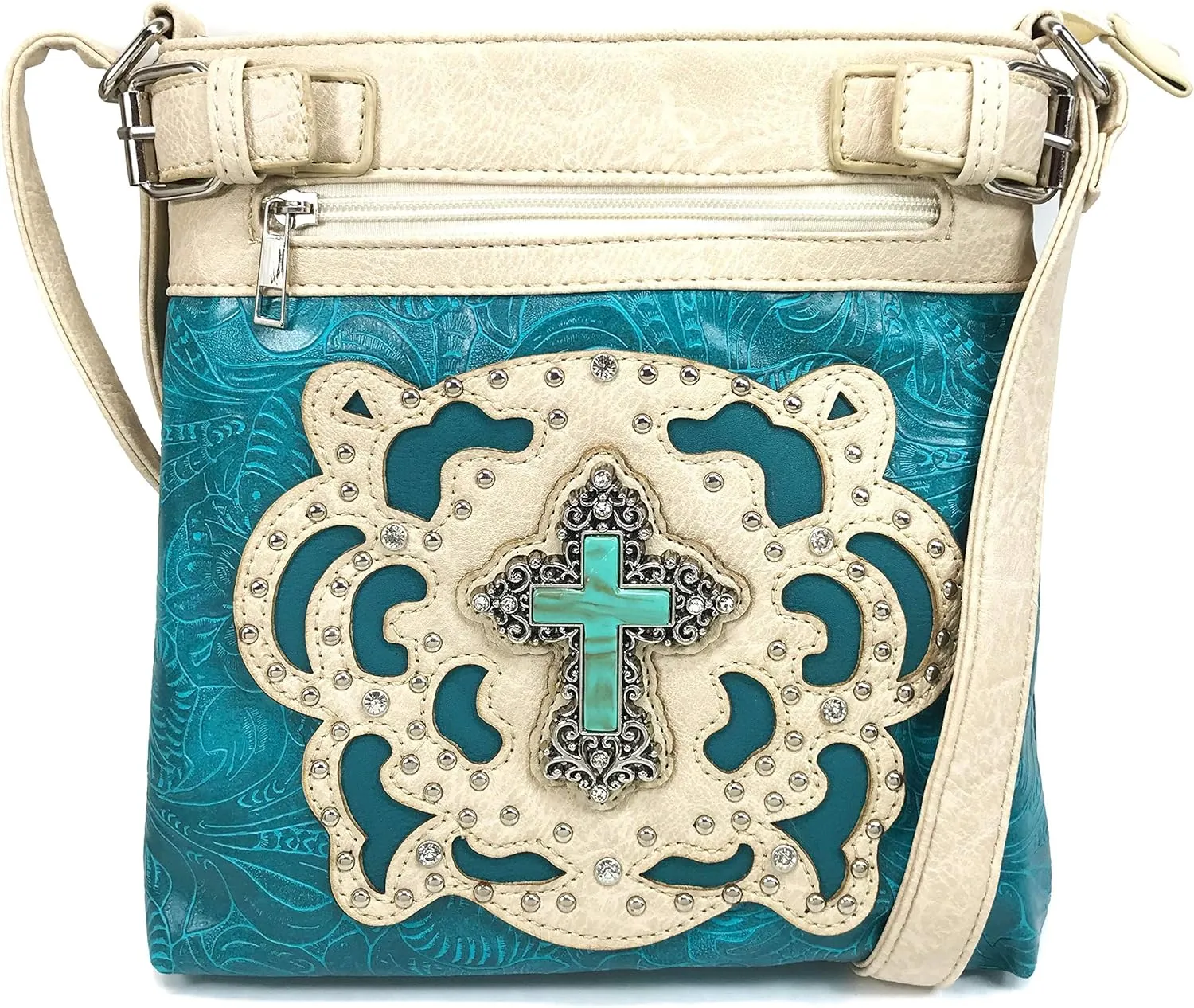 Justin West Tooled Turquoise Stone Cross Laser Cut Crossbody Messenger Bag Handbag Purse with Concealed Carry and Phone Slot