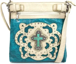 Justin West Tooled Turquoise Stone Cross Laser Cut Crossbody Messenger Bag Handbag Purse with Concealed Carry and Phone Slot