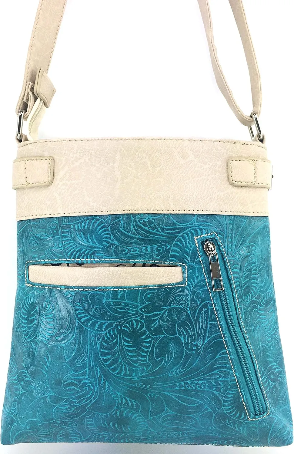 Justin West Tooled Turquoise Stone Cross Laser Cut Crossbody Messenger Bag Handbag Purse with Concealed Carry and Phone Slot