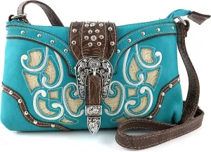 Justin West Western Tooled Laser Cut Rhinestone Buckle Messenger Bag Purse with Long Crossbody Strap