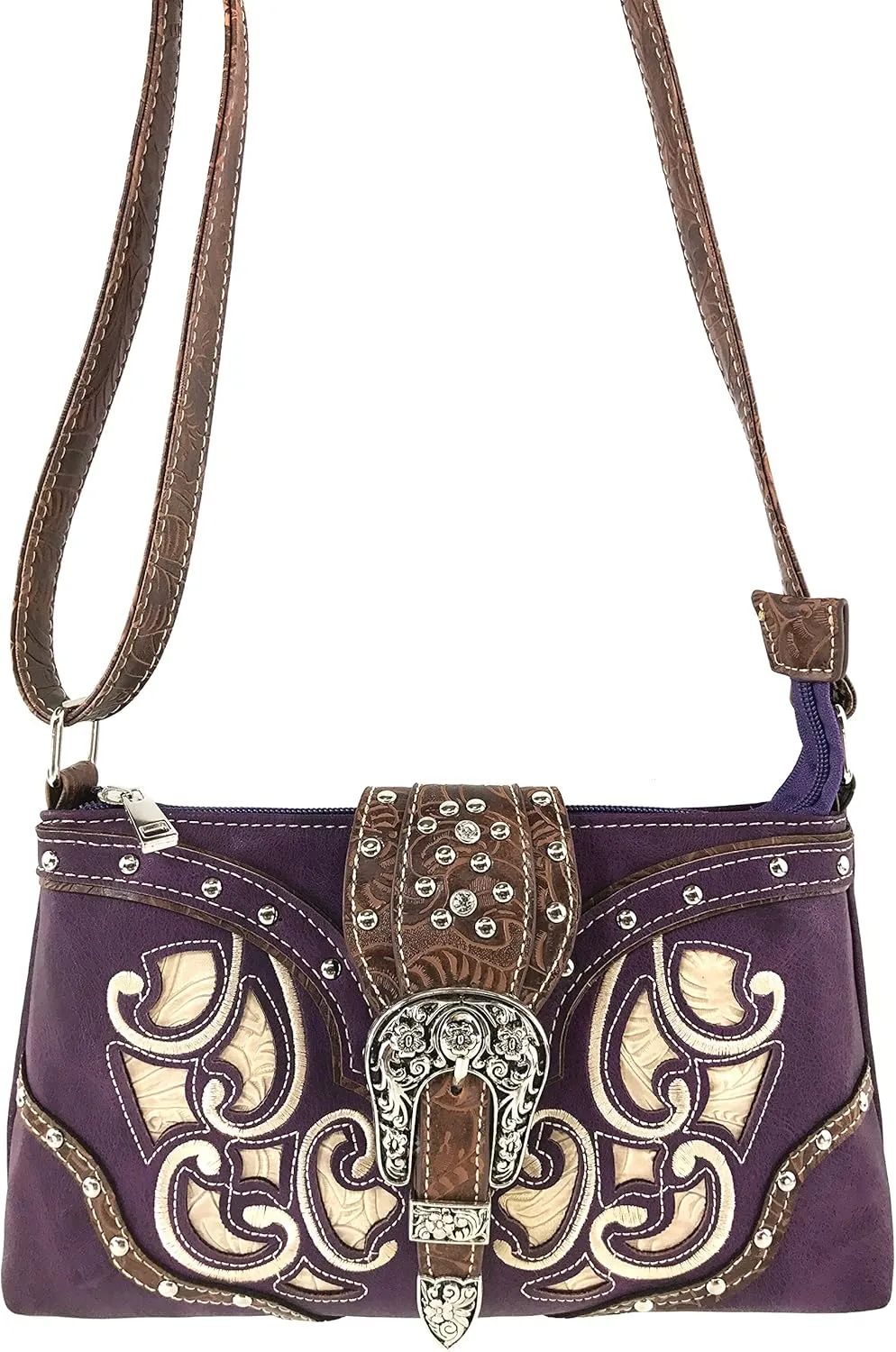 Justin West Western Tooled Laser Cut Rhinestone Buckle Messenger Bag Purse with Long Crossbody Strap