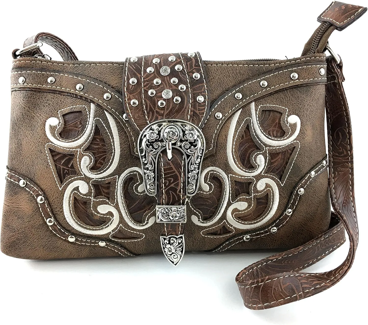 Justin West Western Tooled Laser Cut Rhinestone Buckle Messenger Bag Purse with Long Crossbody Strap