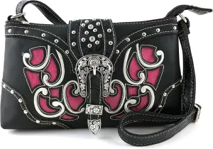 Justin West Western Tooled Laser Cut Rhinestone Buckle Messenger Bag Purse with Long Crossbody Strap