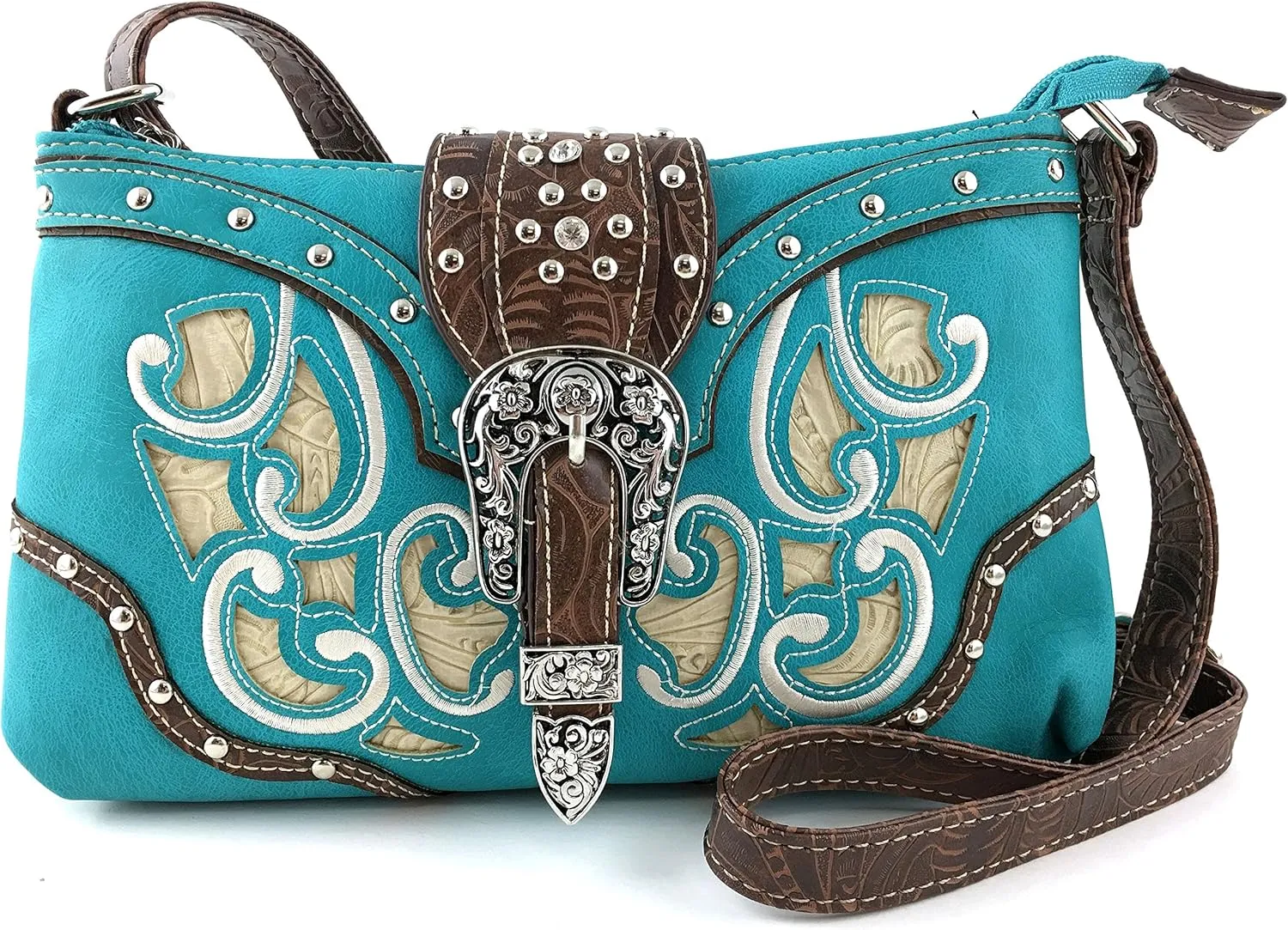 Justin West Western Tooled Laser Cut Rhinestone Buckle Messenger Bag Purse with Long Crossbody Strap