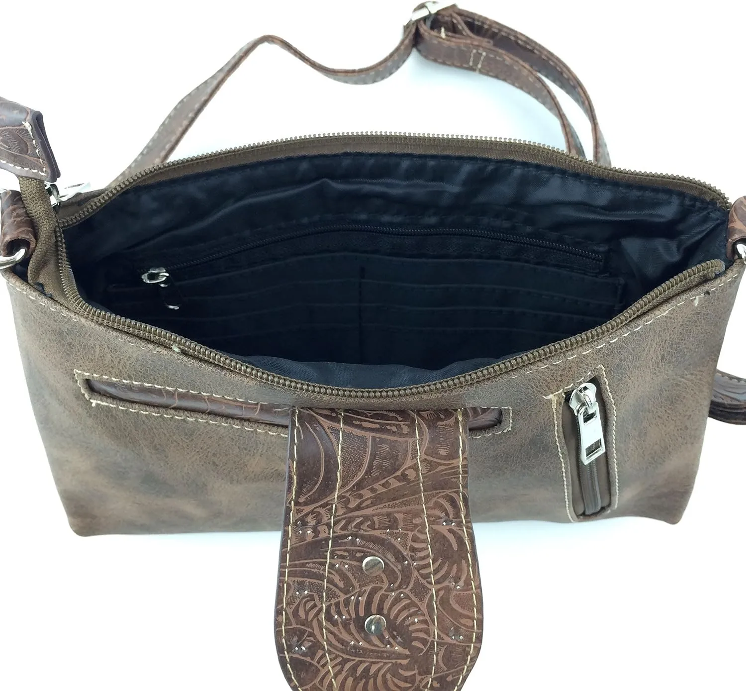 Justin West Western Tooled Laser Cut Rhinestone Buckle Messenger Bag Purse with Long Crossbody Strap