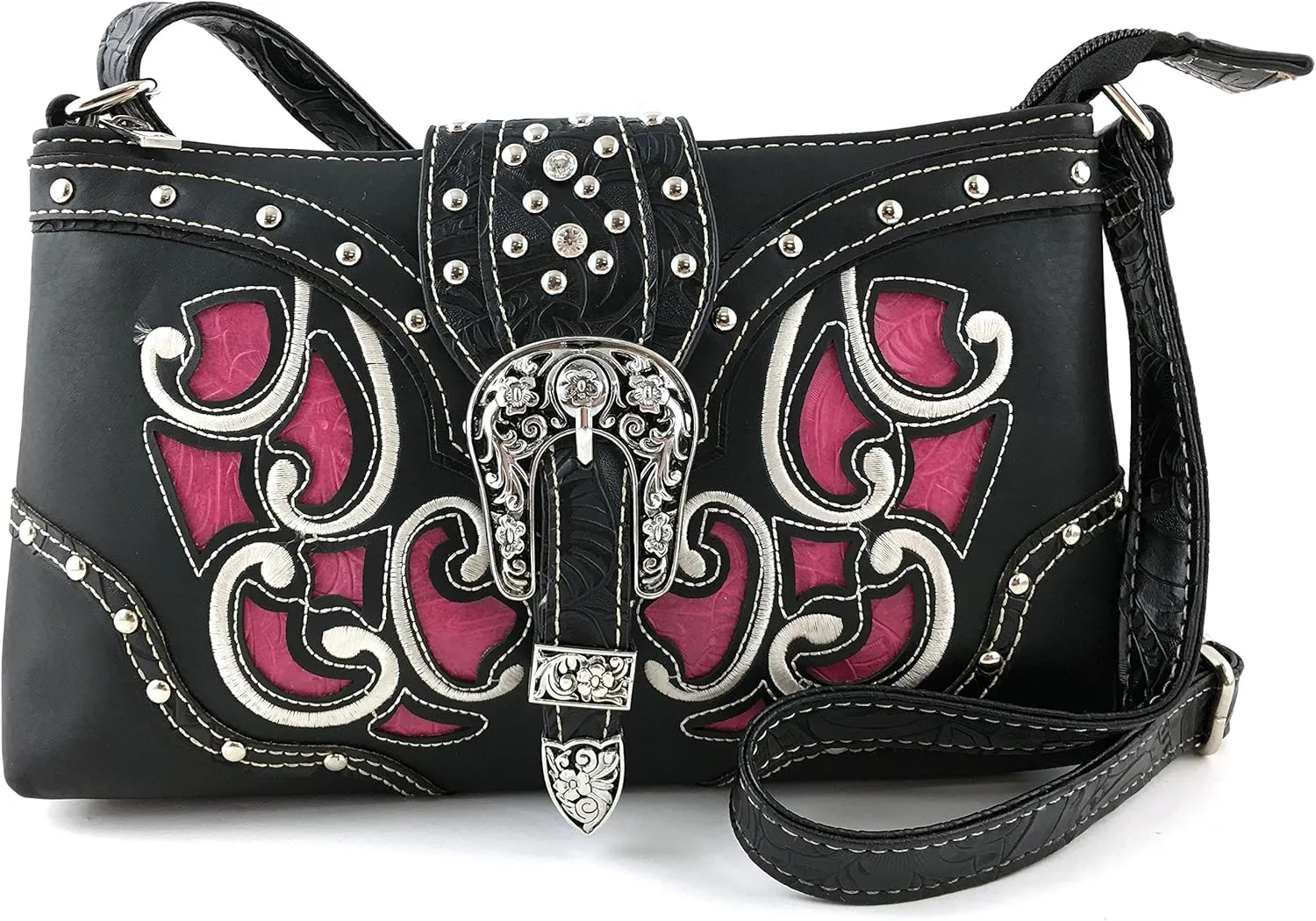 Justin West Western Tooled Laser Cut Rhinestone Buckle Messenger Bag Purse with Long Crossbody Strap