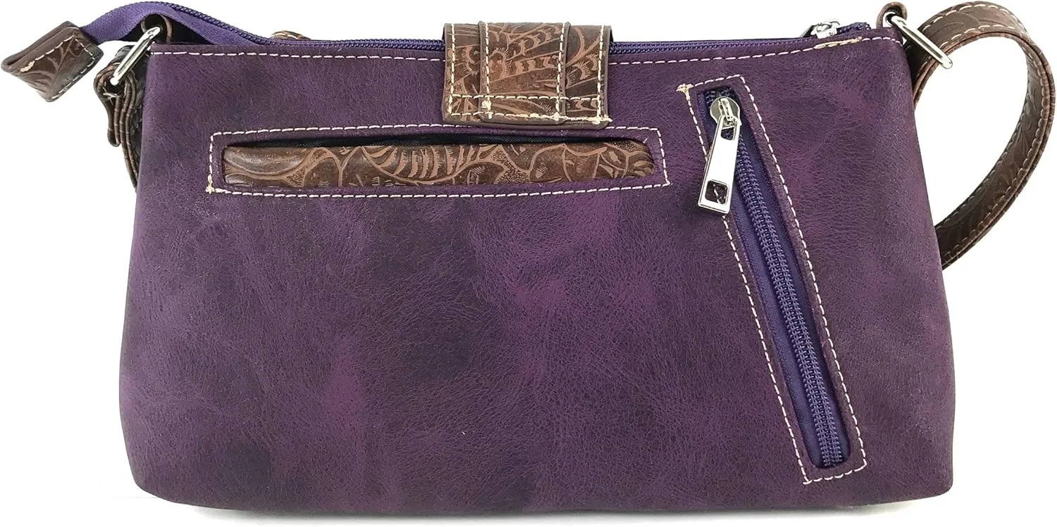 Justin West Western Tooled Laser Cut Rhinestone Buckle Messenger Bag Purse with Long Crossbody Strap